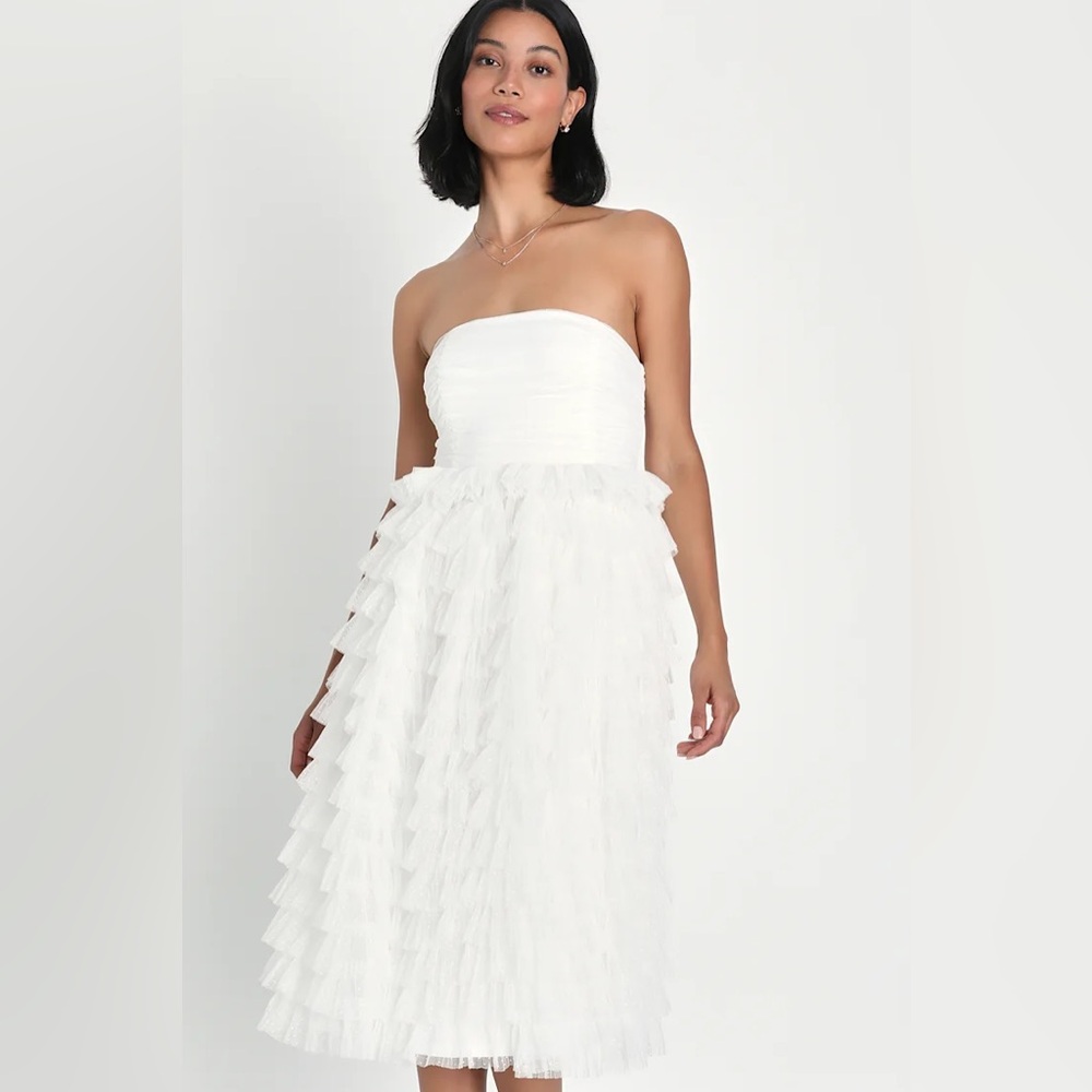 Lulus XS‎ Prepare to Party White Mesh Swiss Dot Ruched Tiered Midi Dress